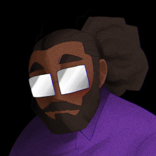 Harvey Lobo portrait. He is a brown fat bearded man, and he wears glasses that completely obscure his eyes with a white reflection. His hair is dark brown, curly, long, and tied in a puffy ponytail behind his head. He is wearing a purple shirt.